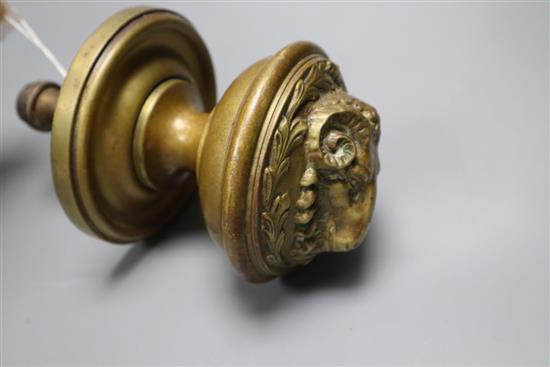 A 19th century brass rams mask door handle, depth 18cm